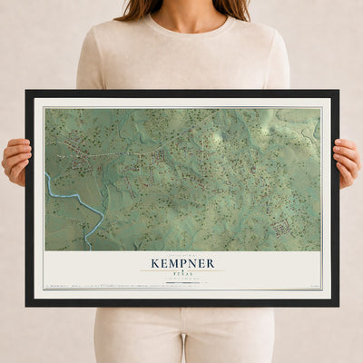 Map of Kempner, Texas, 12 x 18 inch print in a black wood frame