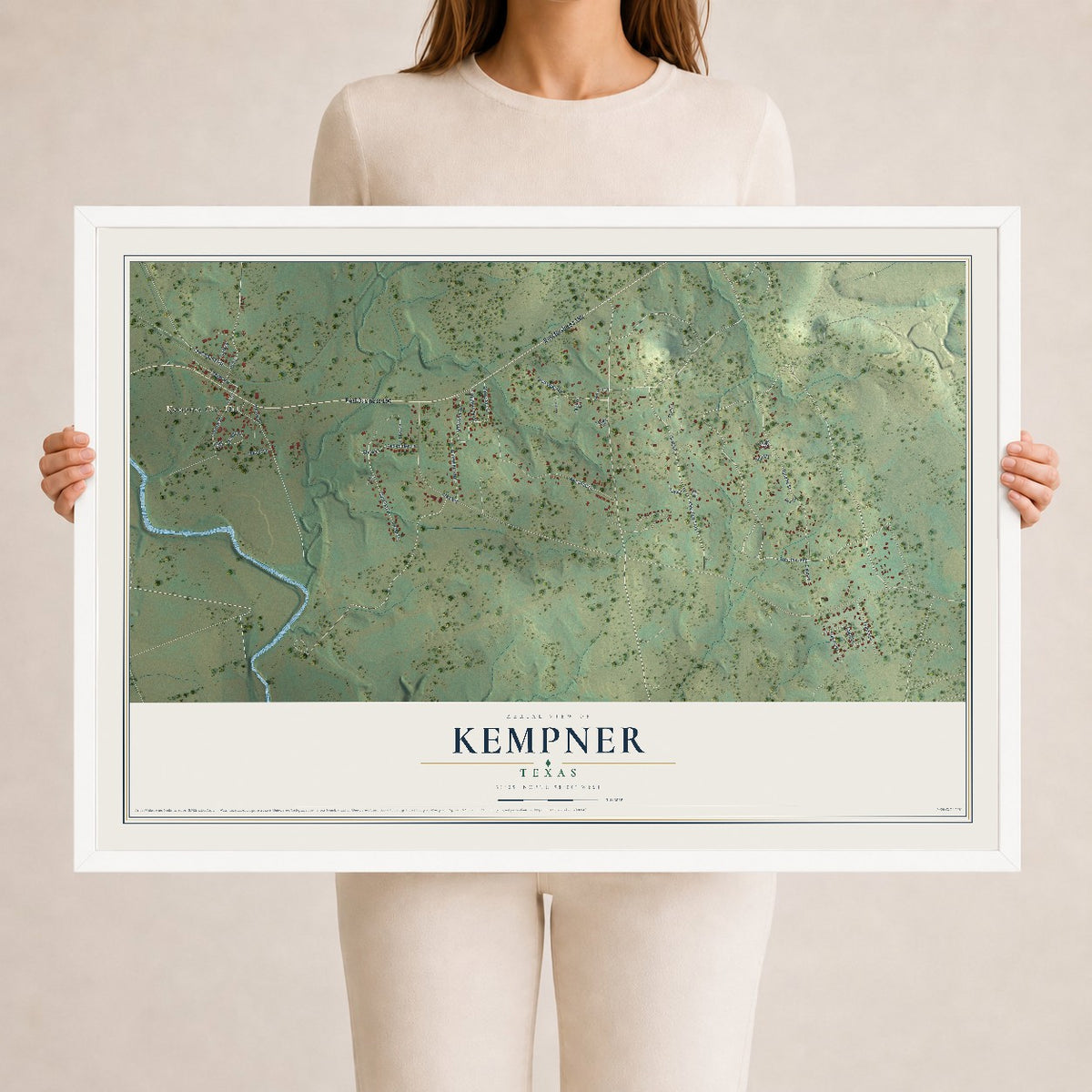 Map of Kempner, Texas, 24 x 36 inch print in a white wood frame