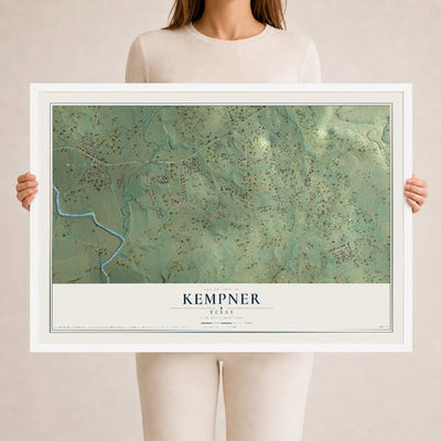 Map of Kempner, Texas, 24 x 36 inch print in a white wood frame
