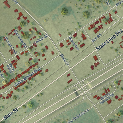 Close-up of the map of Kendleton, Texas print showing street and building detail