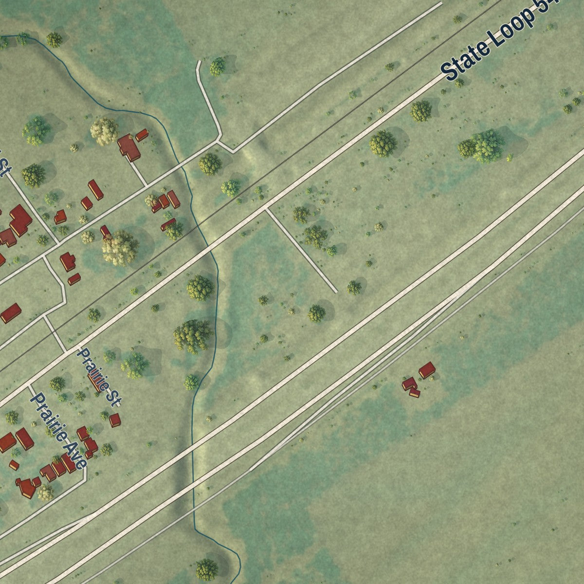 Second close-up of the map of Kendleton, Texas print showing more streets and buildings