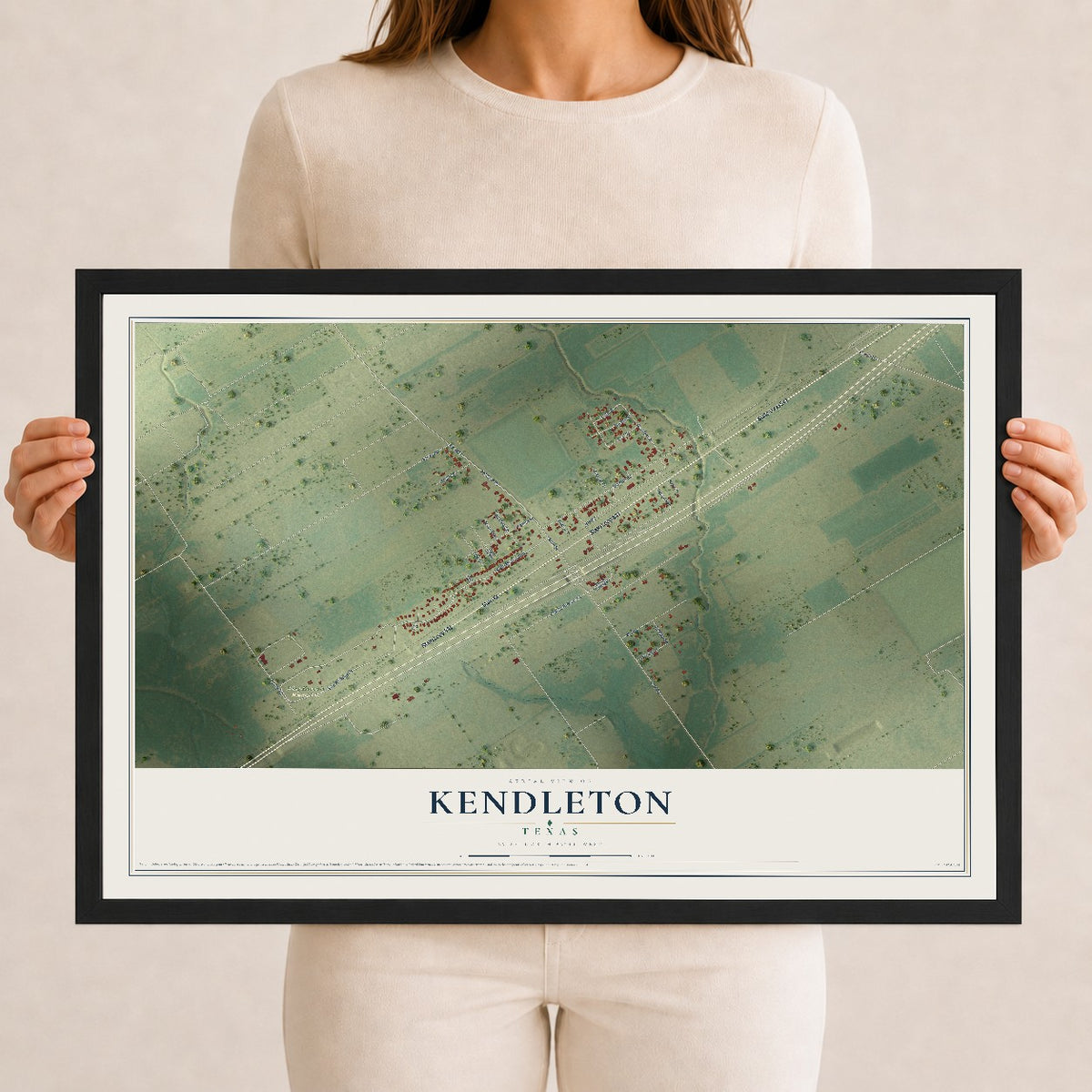 Map of Kendleton, Texas, 12 x 18 inch print in a black wood frame