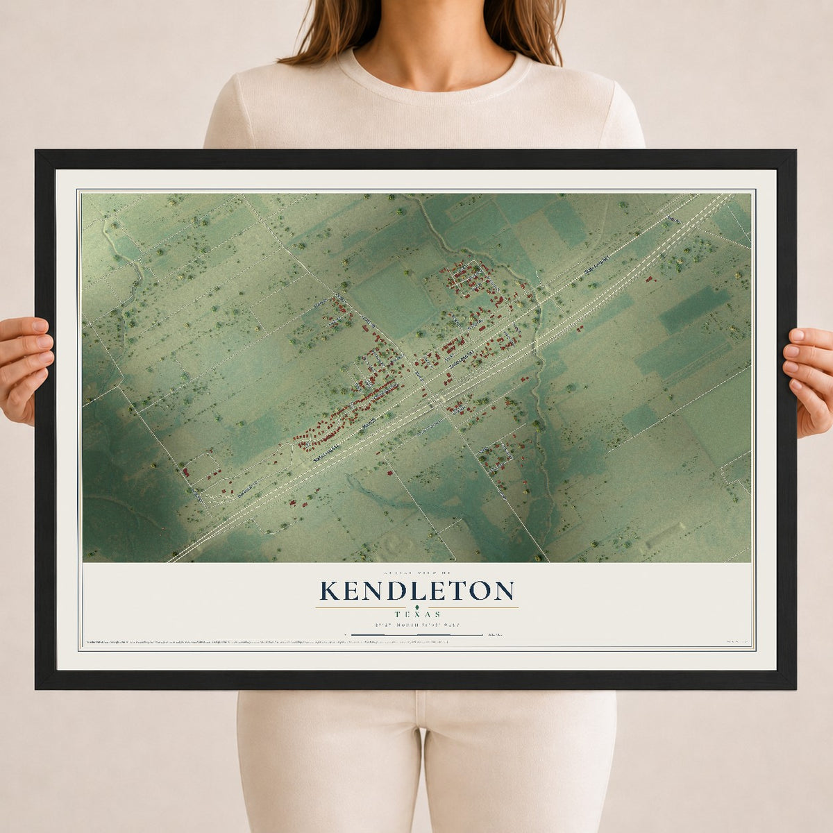 Map of Kendleton, Texas, 18 x 24 inch print in a black wood frame