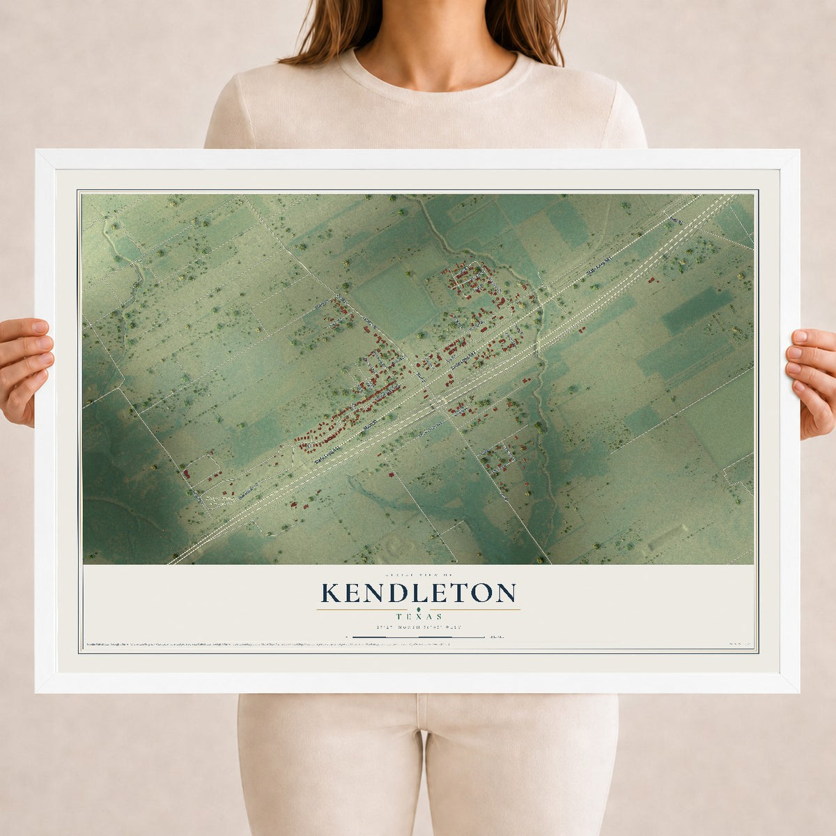 Map of Kendleton, Texas, 18 x 24 inch print in a white wood frame
