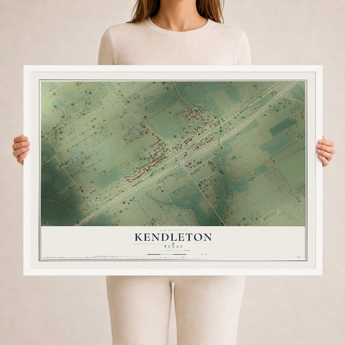 Map of Kendleton, Texas, 24 x 36 inch print in a white wood frame