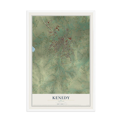Map of Kenedy, Texas, 12 x 18 inch print in a white wood frame