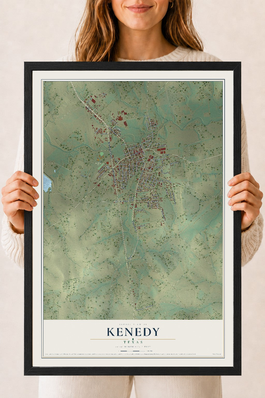 Map of Kenedy, Texas, 18 x 24 inch print in a black wood frame