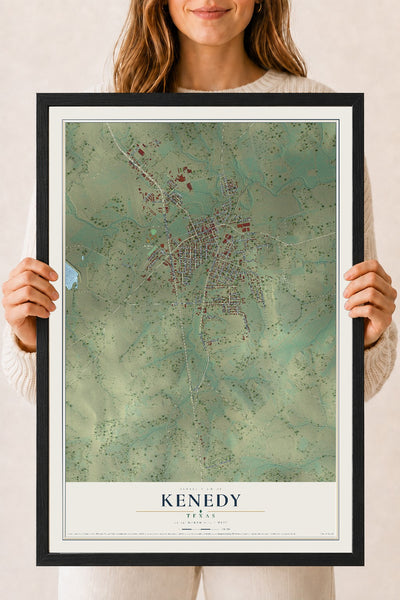Map of Kenedy, Texas, 18 x 24 inch print in a black wood frame