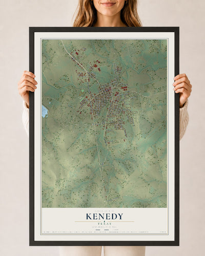 Map of Kenedy, Texas, 24 x 36 inch print in a black wood frame