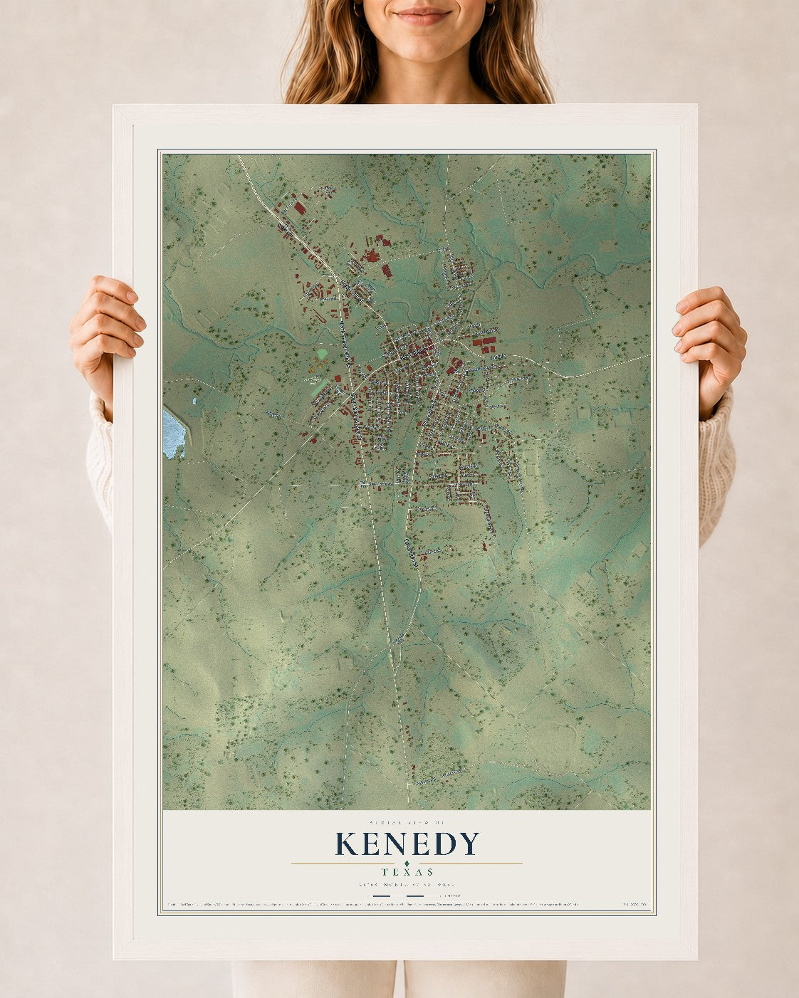 Map of Kenedy, Texas, 24 x 36 inch print in a white wood frame