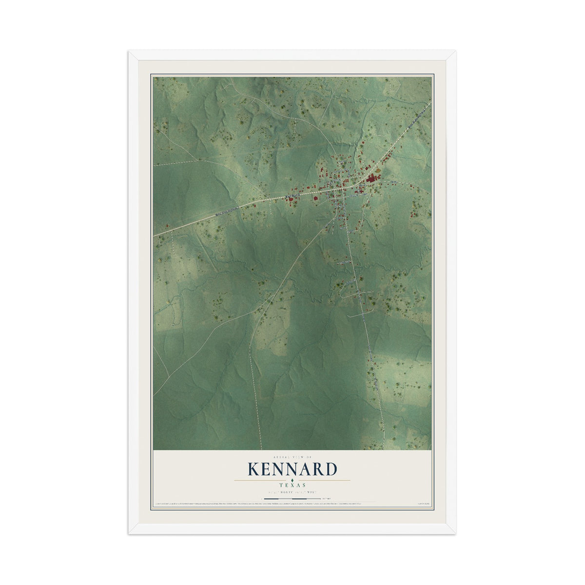 Map of Kennard, Texas, 12 x 18 inch print in a white wood frame
