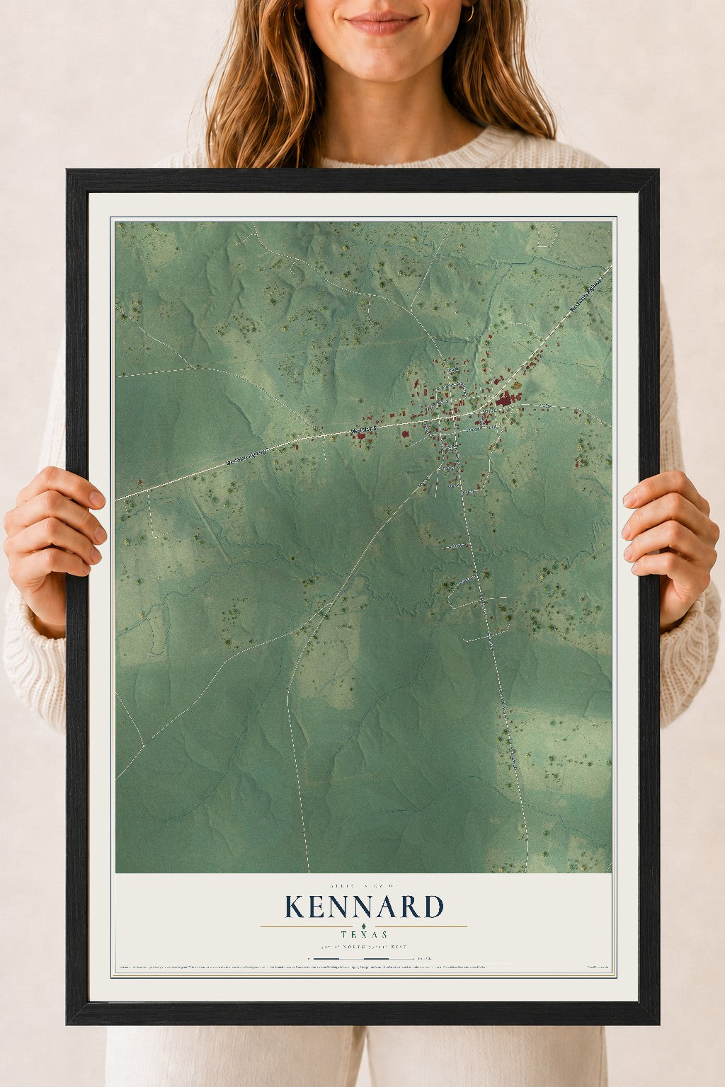Map of Kennard, Texas, 18 x 24 inch print in a black wood frame