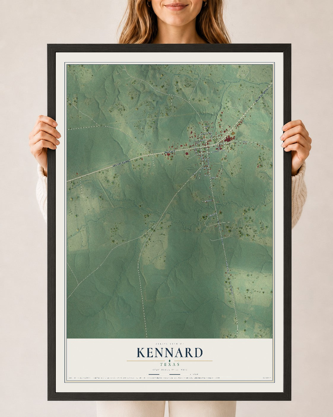 Map of Kennard, Texas, 24 x 36 inch print in a black wood frame