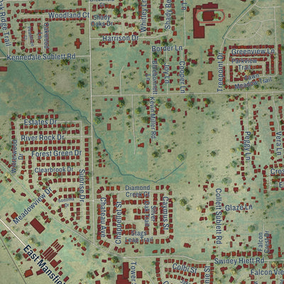 Close-up of the map of Kennedale, Texas print showing street and building detail