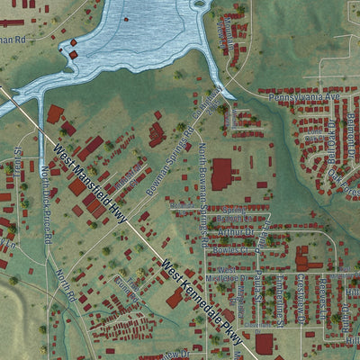 Second close-up of the map of Kennedale, Texas print showing more streets and buildings