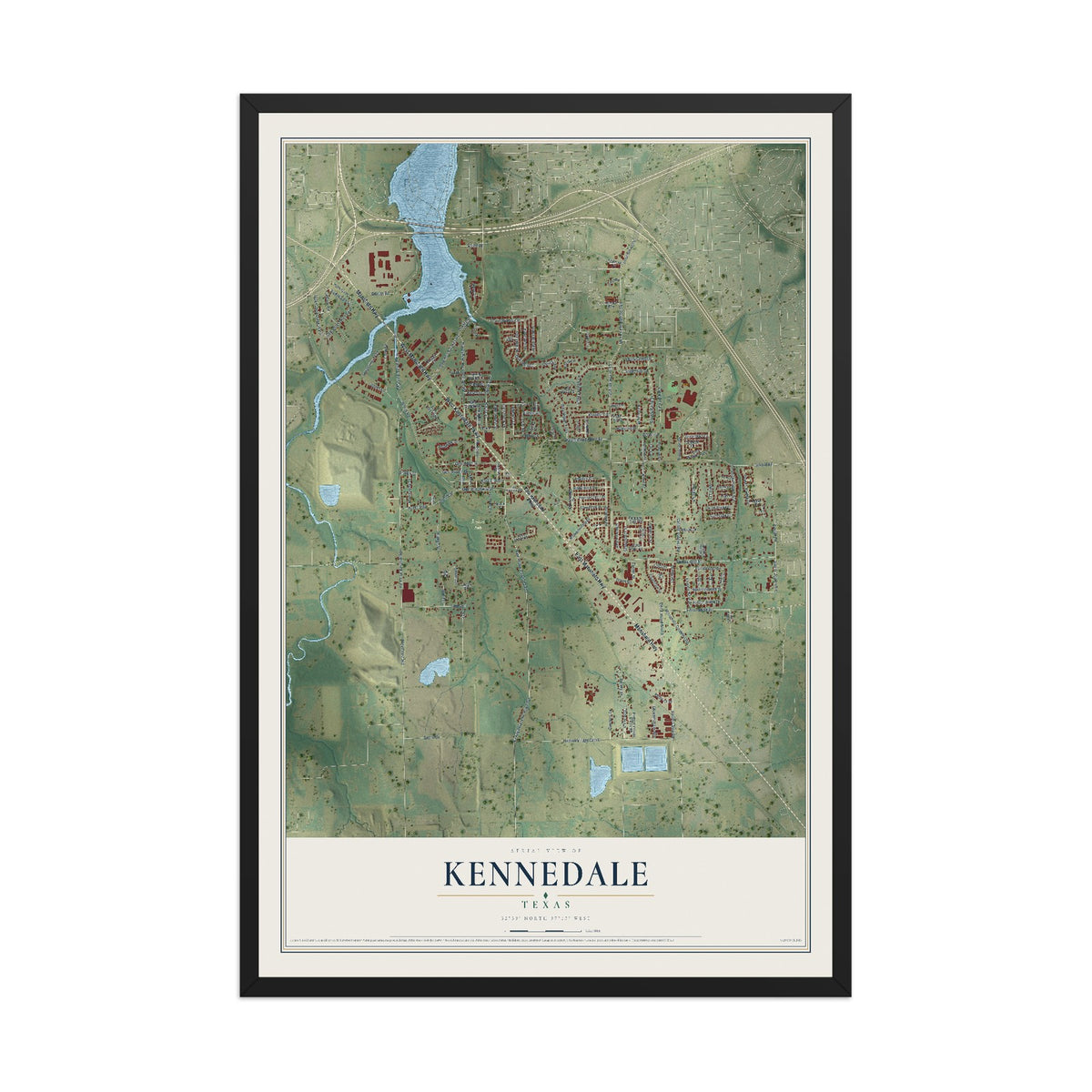 Map of Kennedale, Texas, 12 x 18 inch print in a black wood frame