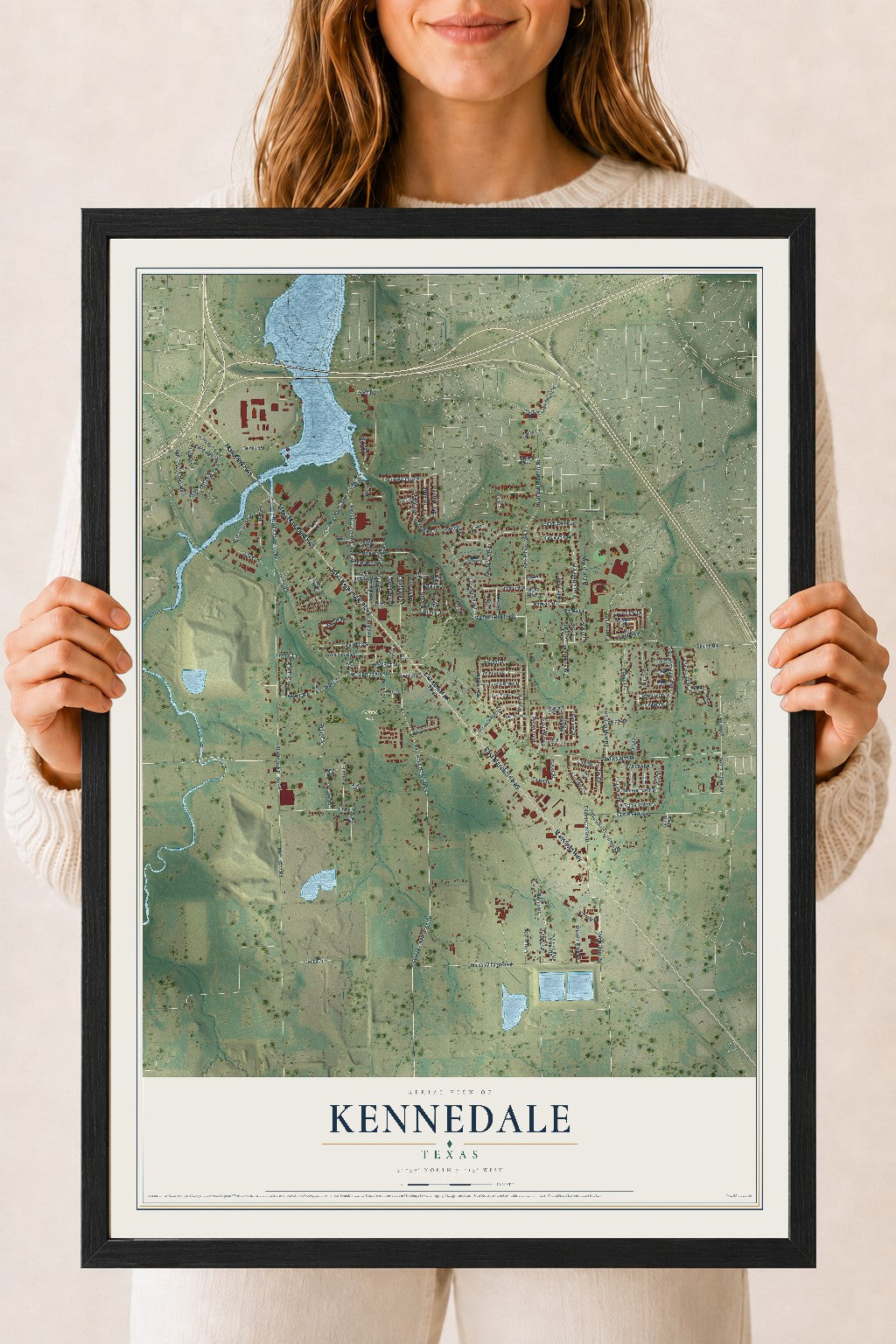Map of Kennedale, Texas, 18 x 24 inch print in a black wood frame