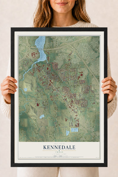 Map of Kennedale, Texas, 18 x 24 inch print in a black wood frame