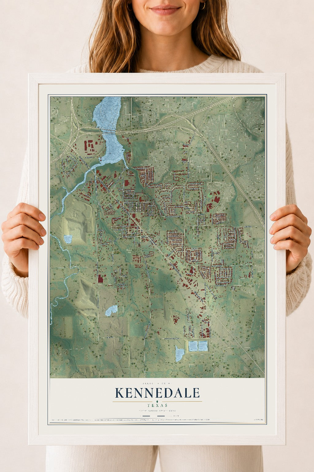 Map of Kennedale, Texas, 18 x 24 inch print in a white wood frame