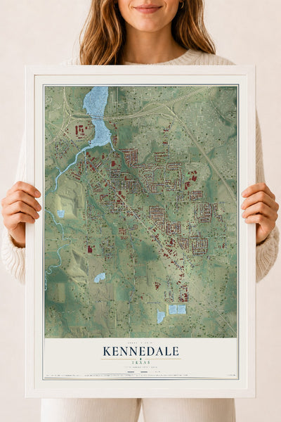 Map of Kennedale, Texas, 18 x 24 inch print in a white wood frame