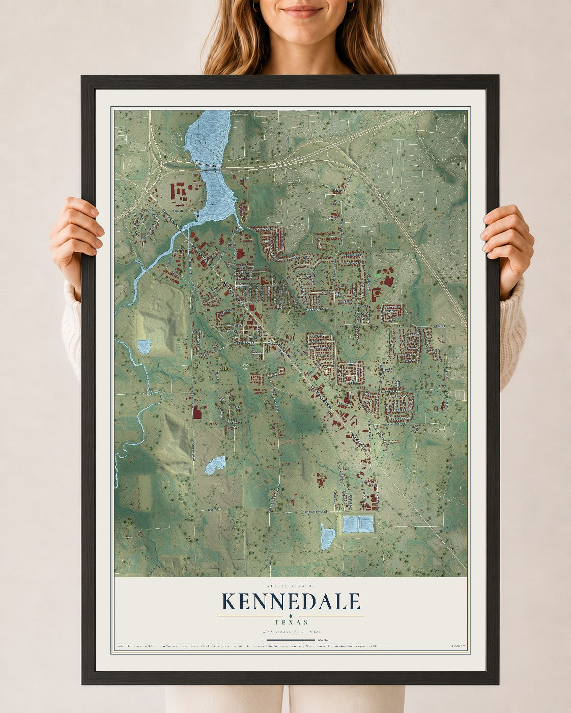Map of Kennedale, Texas, 24 x 36 inch print in a black wood frame