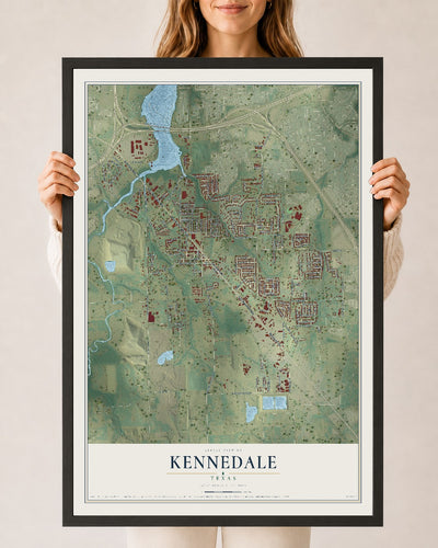 Map of Kennedale, Texas, 24 x 36 inch print in a black wood frame