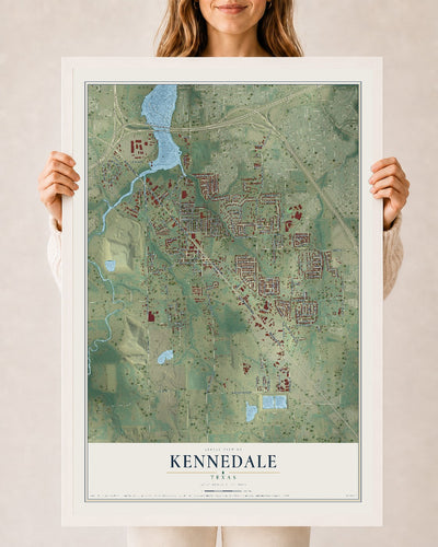 Map of Kennedale, Texas, 24 x 36 inch print in a white wood frame