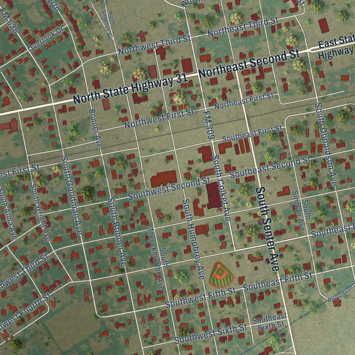 Close-up of the map of Kerens, Texas print showing street and building detail
