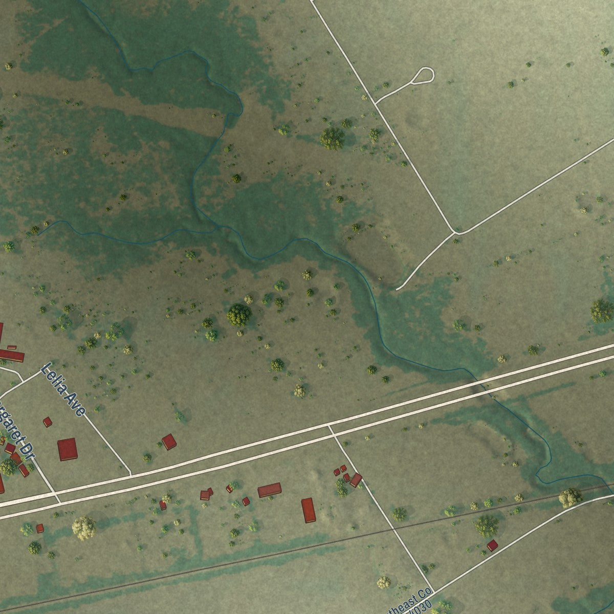 Second close-up of the map of Kerens, Texas print showing more streets and buildings