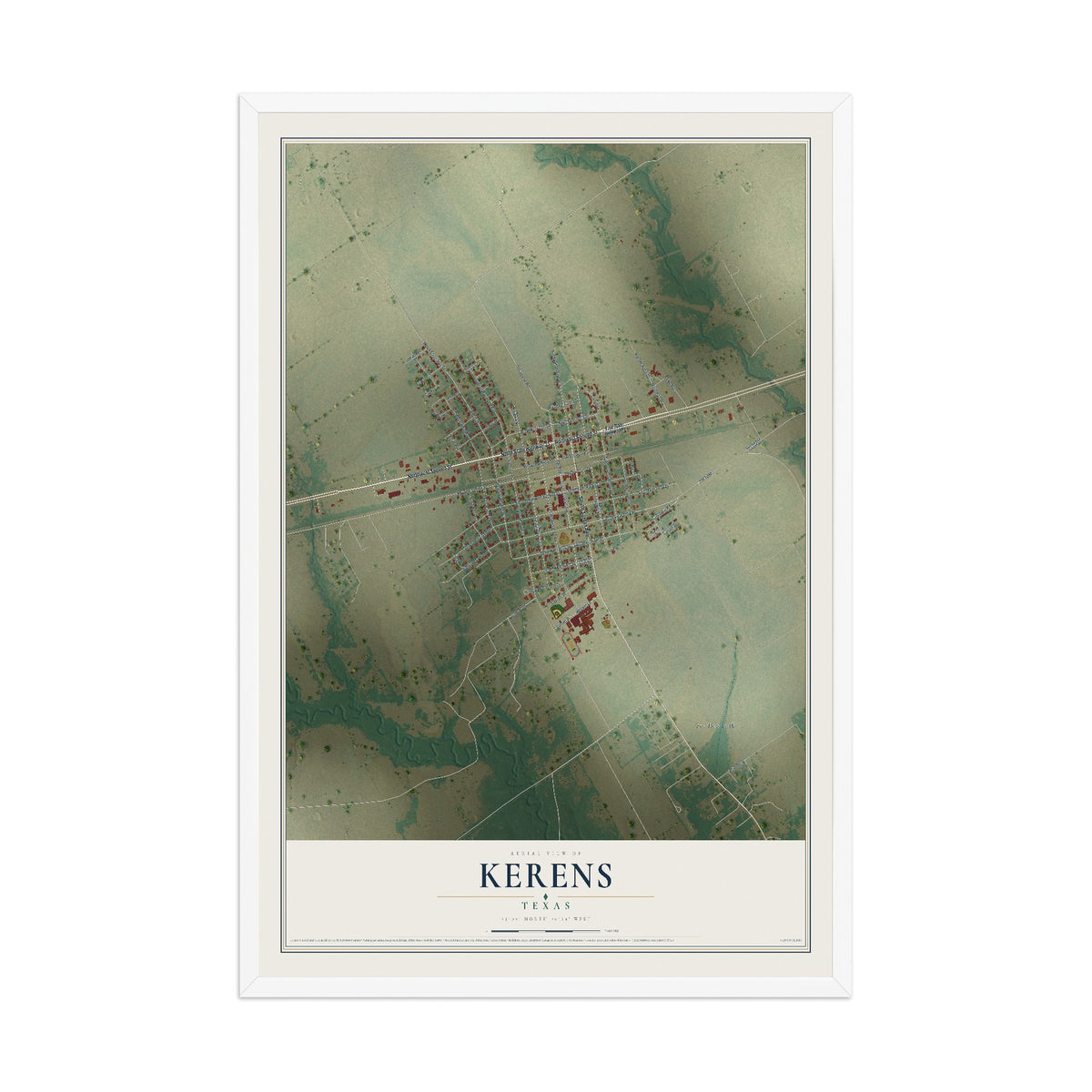 Map of Kerens, Texas, 12 x 18 inch print in a white wood frame