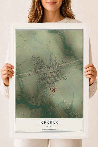 Map of Kerens, Texas, 18 x 24 inch print in a white wood frame
