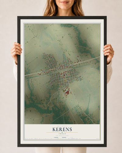 Map of Kerens, Texas, 24 x 36 inch print in a black wood frame