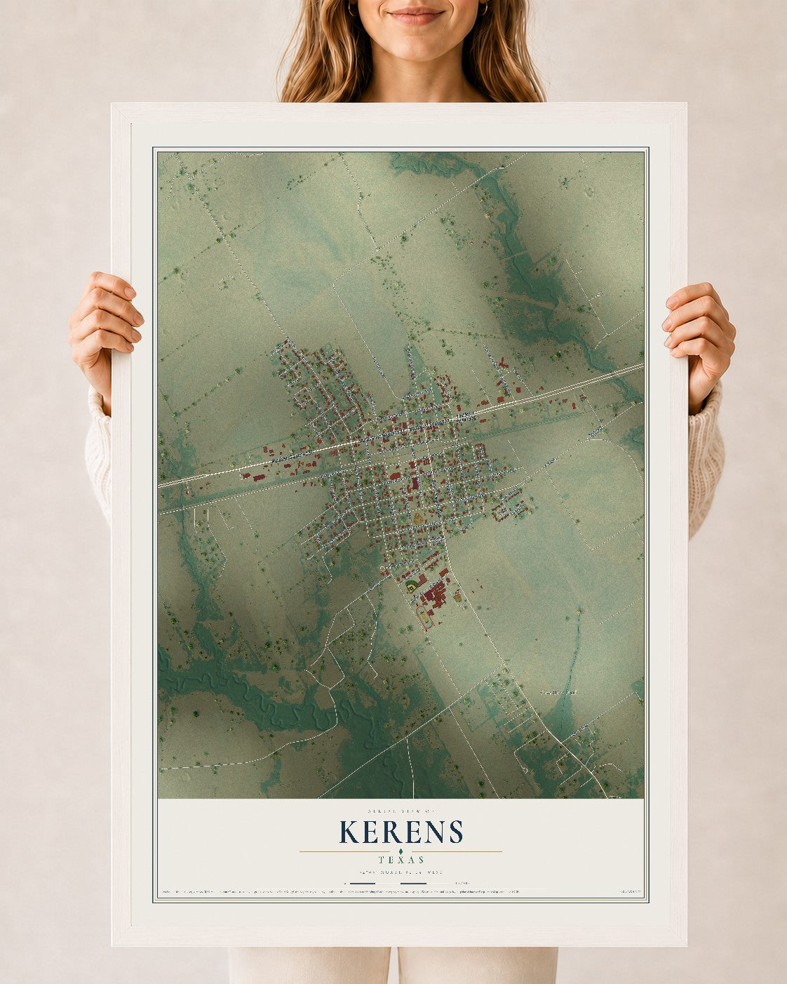 Map of Kerens, Texas, 24 x 36 inch print in a white wood frame
