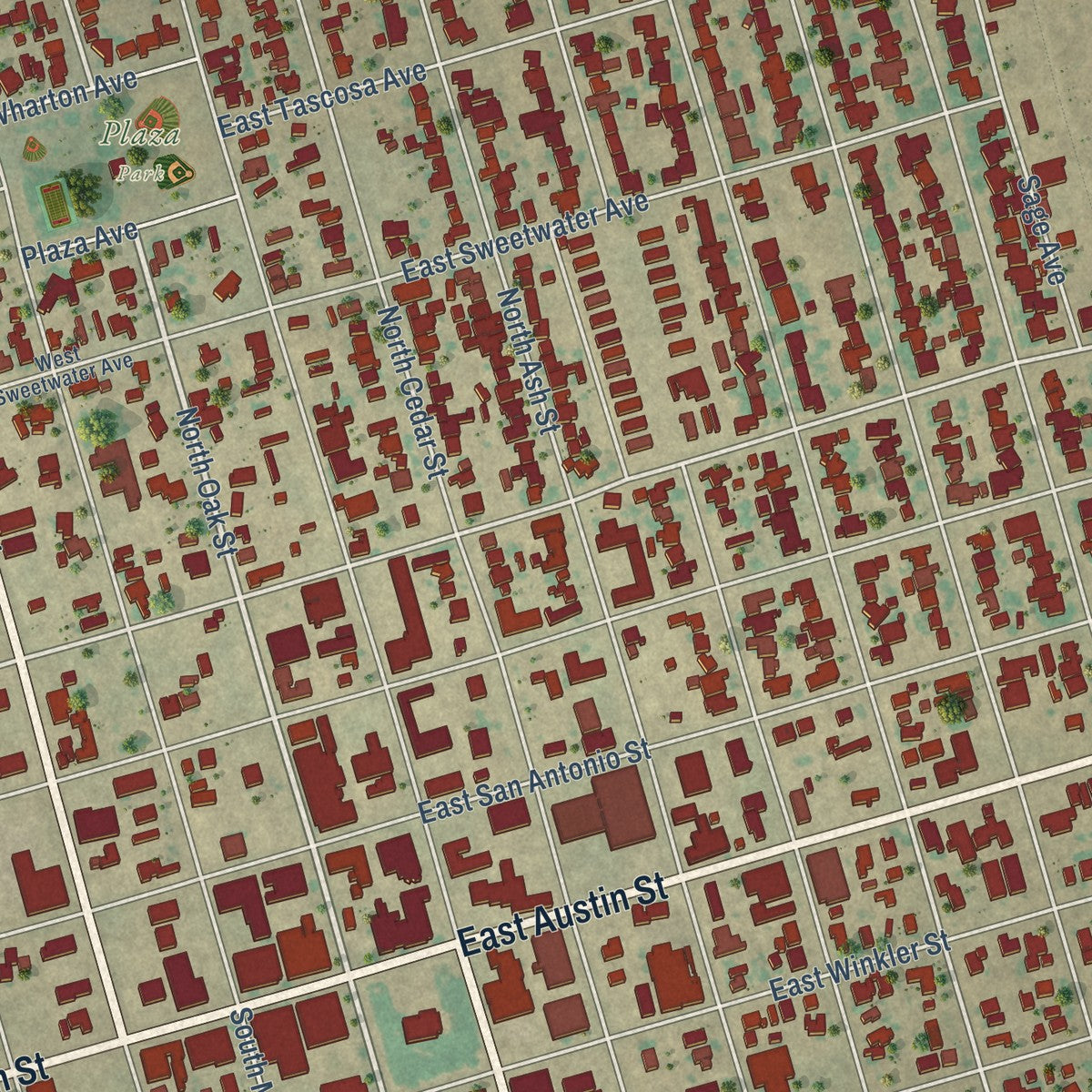 Close-up of the map of Kermit, Texas print showing street and building detail