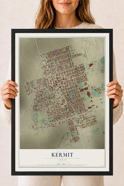 Map of Kermit, Texas, 18 x 24 inch print in a black wood frame