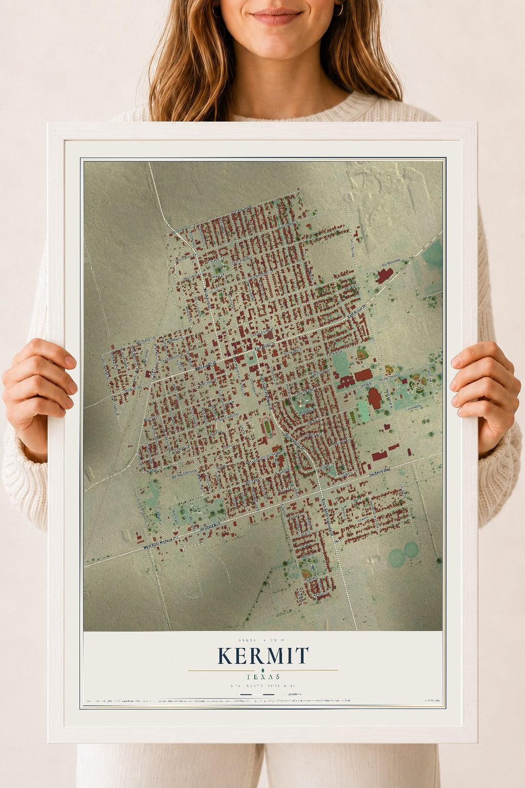 Map of Kermit, Texas, 18 x 24 inch print in a white wood frame
