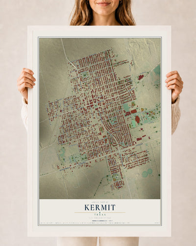 Map of Kermit, Texas, 24 x 36 inch print in a white wood frame