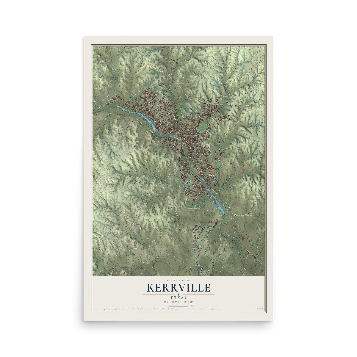 Map of Kerrville, Texas, 12 x 18 inch unframed archival matte print
