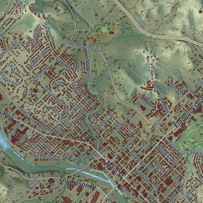 Close-up of the map of Kerrville, Texas print showing street and building detail