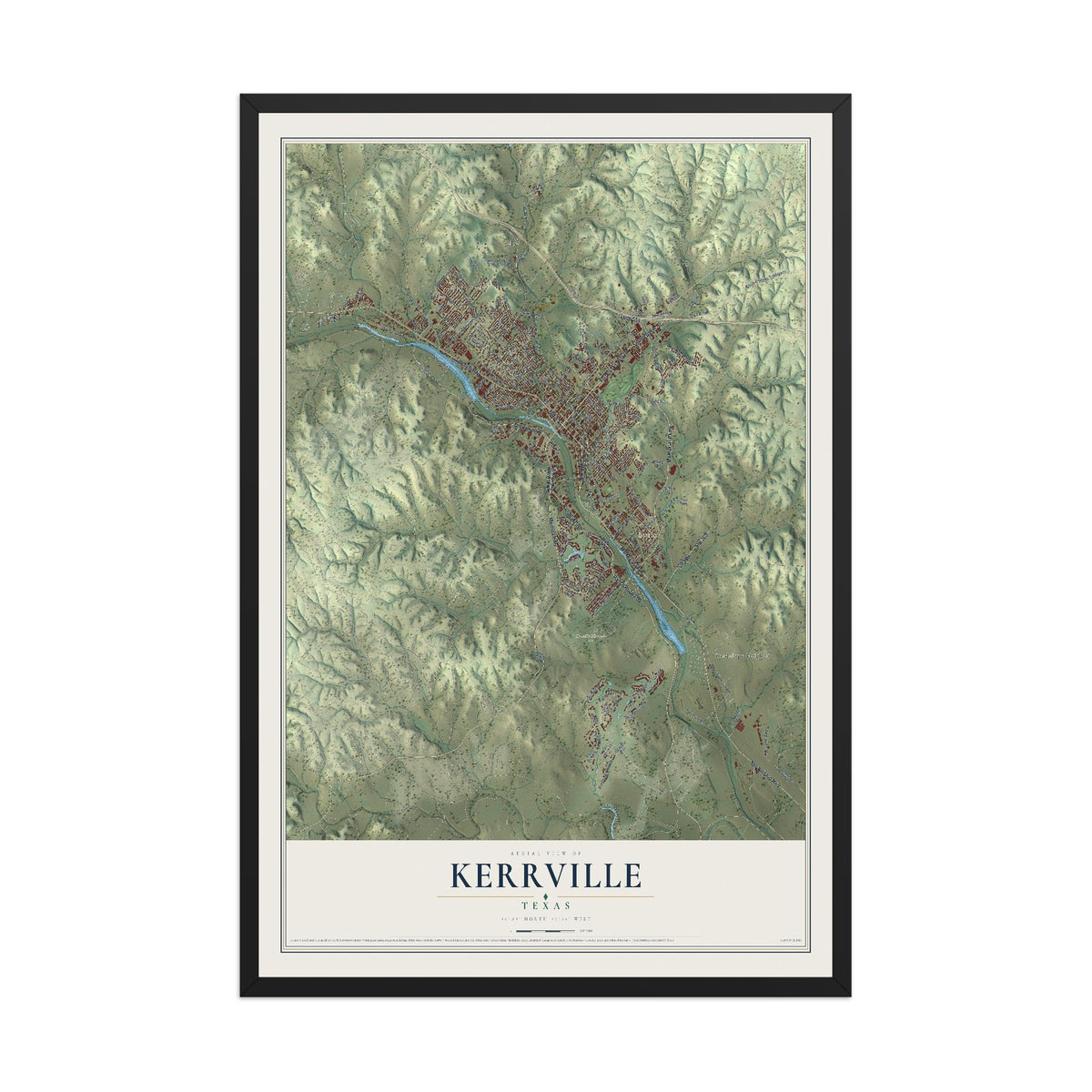 Map of Kerrville, Texas, 12 x 18 inch print in a black wood frame