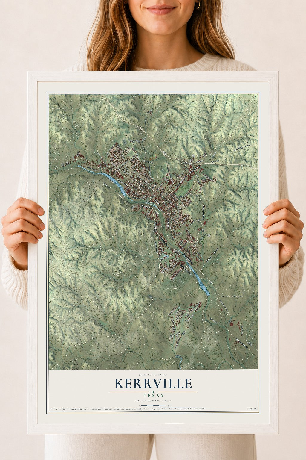 Map of Kerrville, Texas, 18 x 24 inch print in a white wood frame