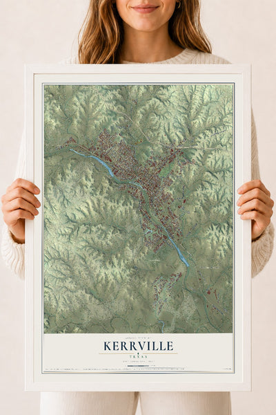 Map of Kerrville, Texas, 18 x 24 inch print in a white wood frame