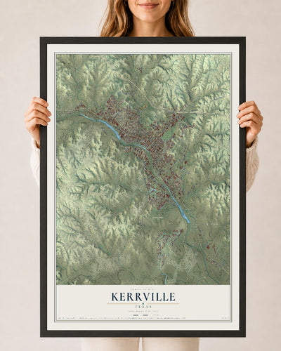 Map of Kerrville, Texas, 24 x 36 inch print in a black wood frame