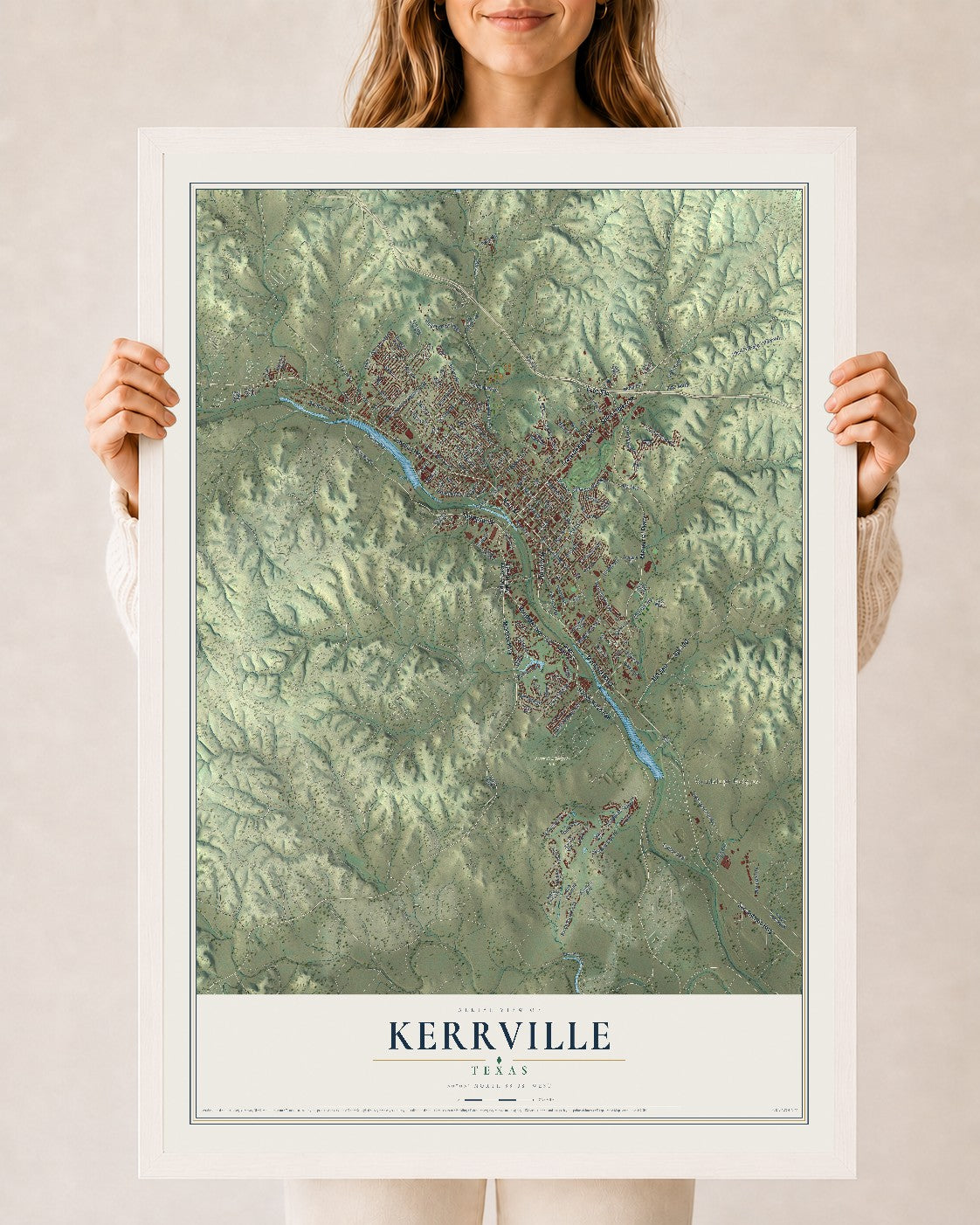 Map of Kerrville, Texas, 24 x 36 inch print in a white wood frame
