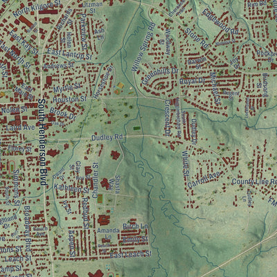 Close-up of the map of Kilgore, Texas print showing street and building detail
