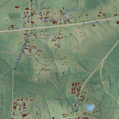 Second close-up of the map of Kilgore, Texas print showing more streets and buildings