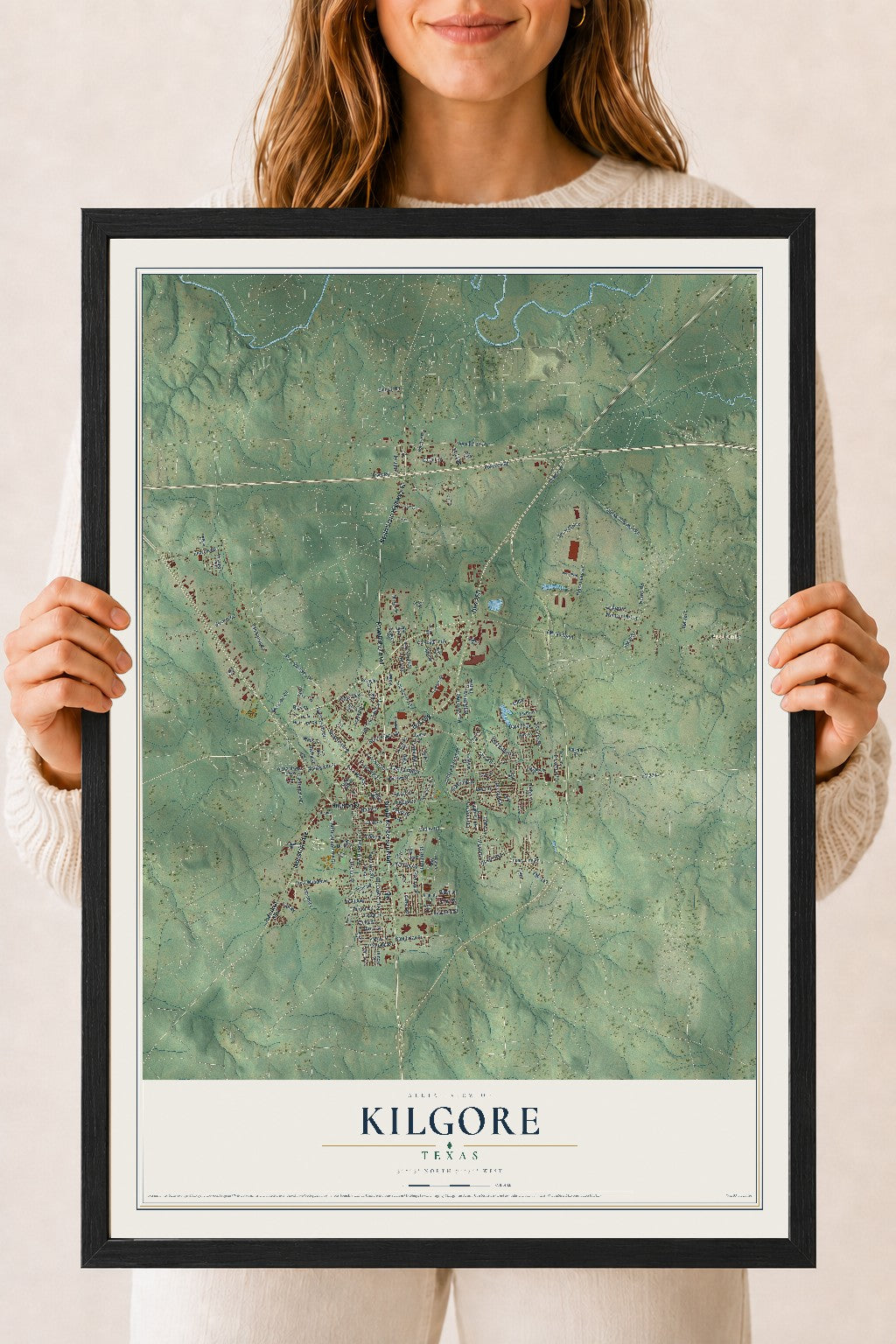 Map of Kilgore, Texas, 18 x 24 inch print in a black wood frame