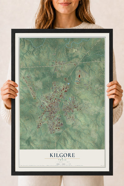 Map of Kilgore, Texas, 18 x 24 inch print in a black wood frame