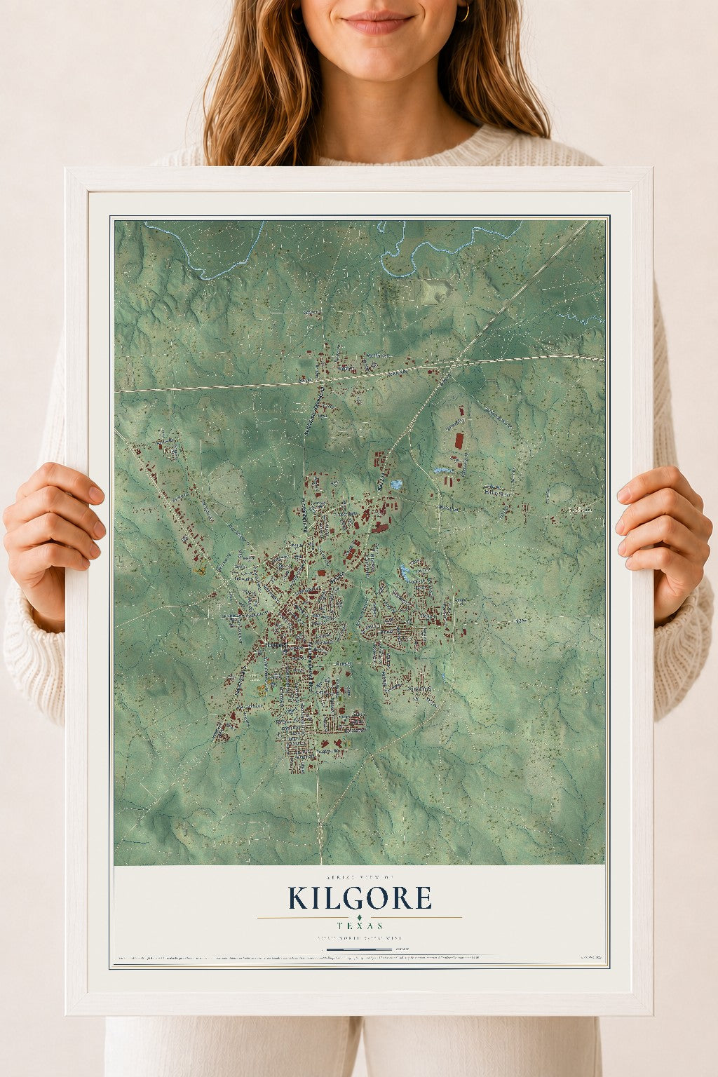 Map of Kilgore, Texas, 18 x 24 inch print in a white wood frame