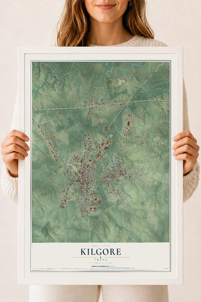Map of Kilgore, Texas, 18 x 24 inch print in a white wood frame
